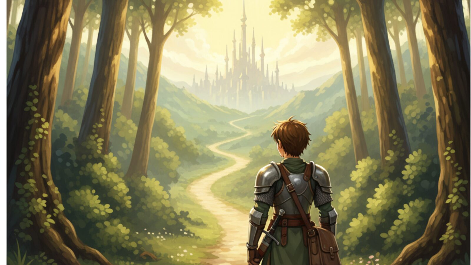 装備を身につけて旅路に踏み出す冒険者の姿（継続の象徴）