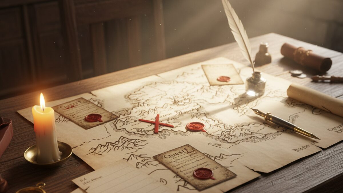 作戦卓：地図・依頼札・羽ペン。順番を設計する思想のイメージ