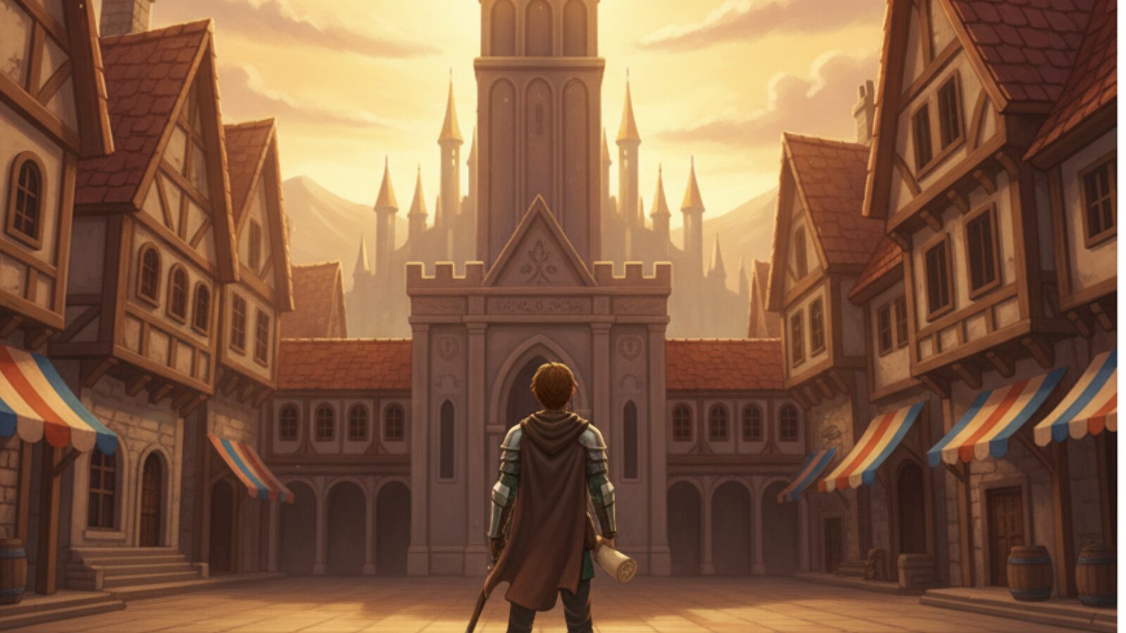 王国に朝日が昇り、鐘が鳴り響くイメージ