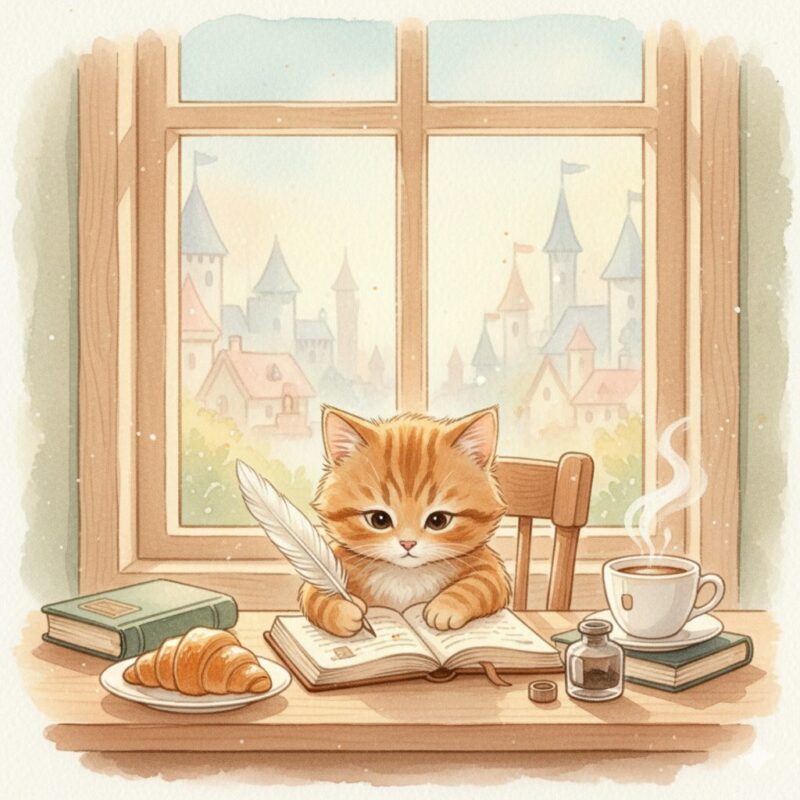 窓辺でノートを書く猫