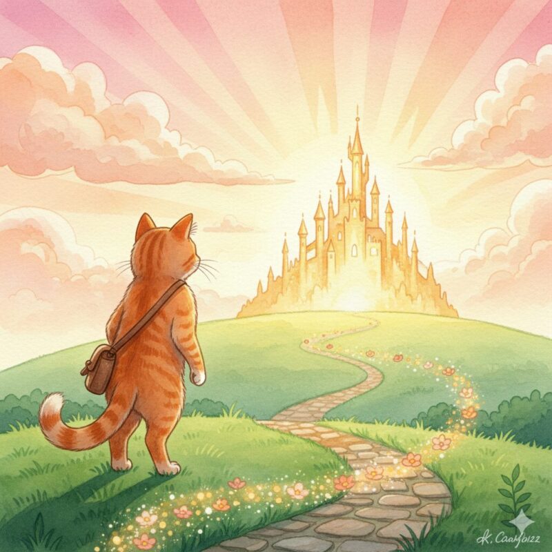 朝日に向かって歩く猫