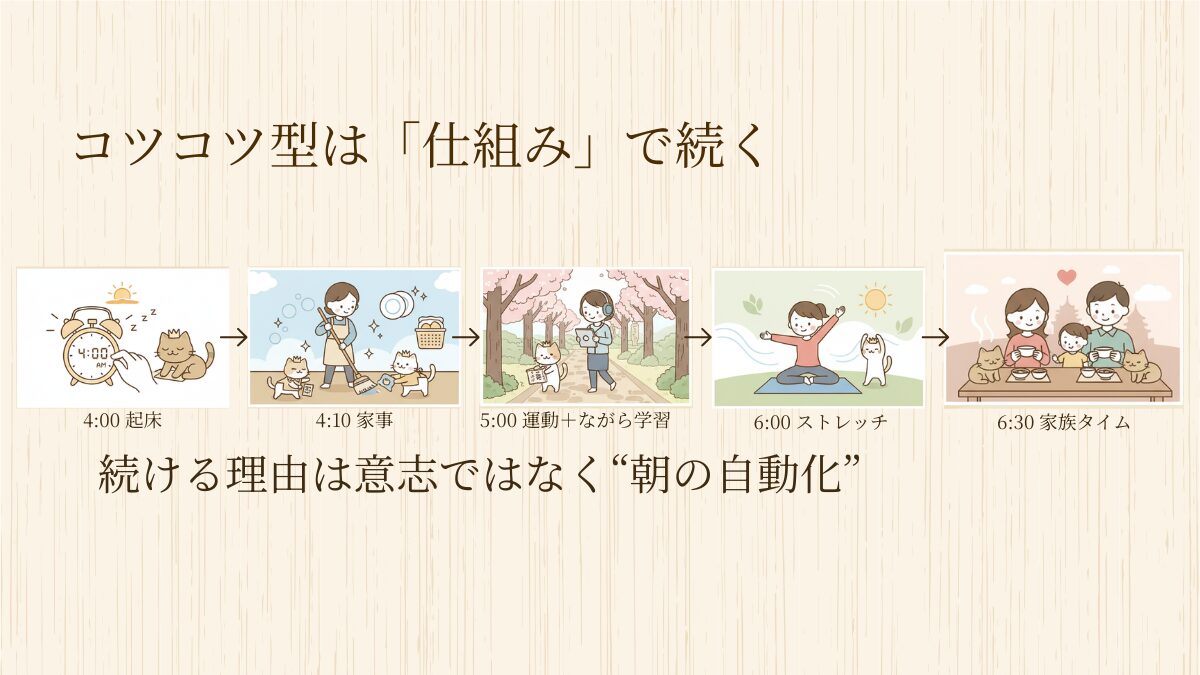 朝活を自動化して継続するための流れ。4時起床から家族タイムまでの習慣化ルーティンを図解。