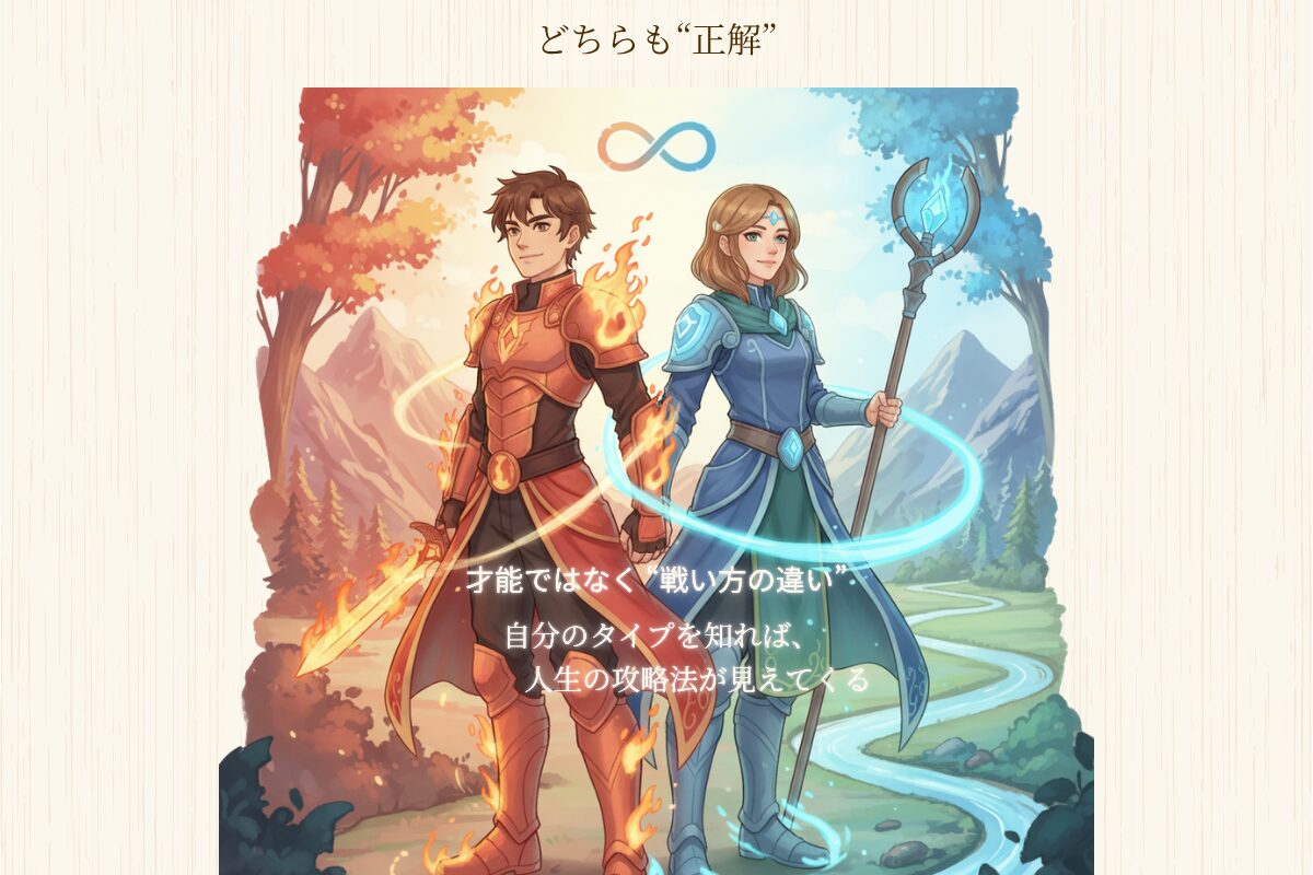 戦い方の違いを示すメッセージビジュアル。短期集中型とコツコツ型、どちらも正解。