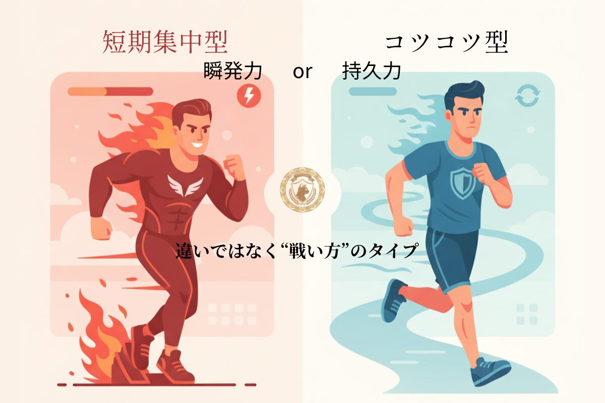 短期集中型とコツコツ型の違いを比較した図解。瞬発力と持久力という特性を表現。