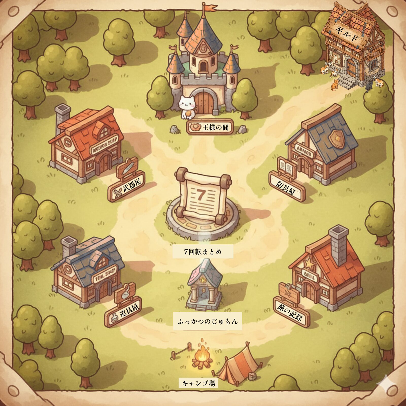 アサネコ王国マップ：中央の巻物を囲む城・武器屋・防具屋・道具屋・ギルド・キャンプ場・ふっかつのじゅもん・旅の記録