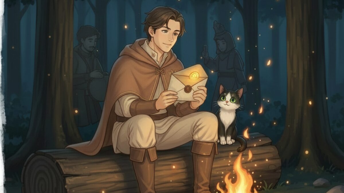 焚き火の前で遺産を未来に繋ぐ決意をするリクルドのイラスト