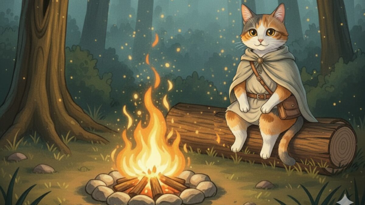 仕組み職人ミケが焚き火でひっそり解説する場面。