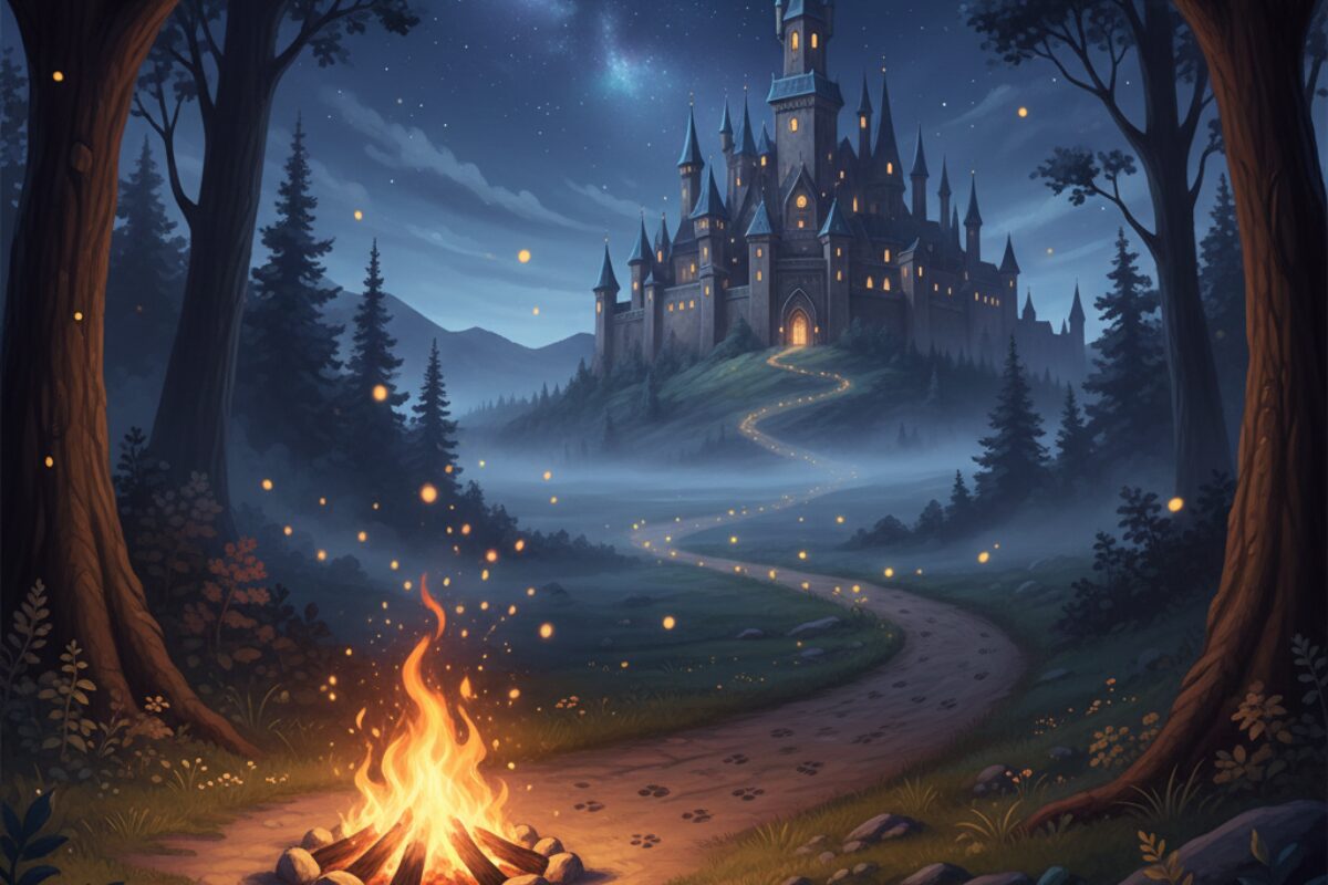 マネーセンスカレッジをイメージした、学びの城に続く森の小道のイラスト