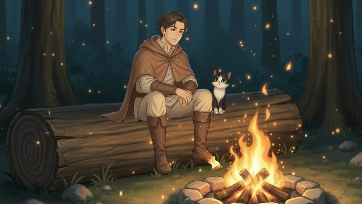 リクルドが焚き火越しに読者へ語りかけるシーン。