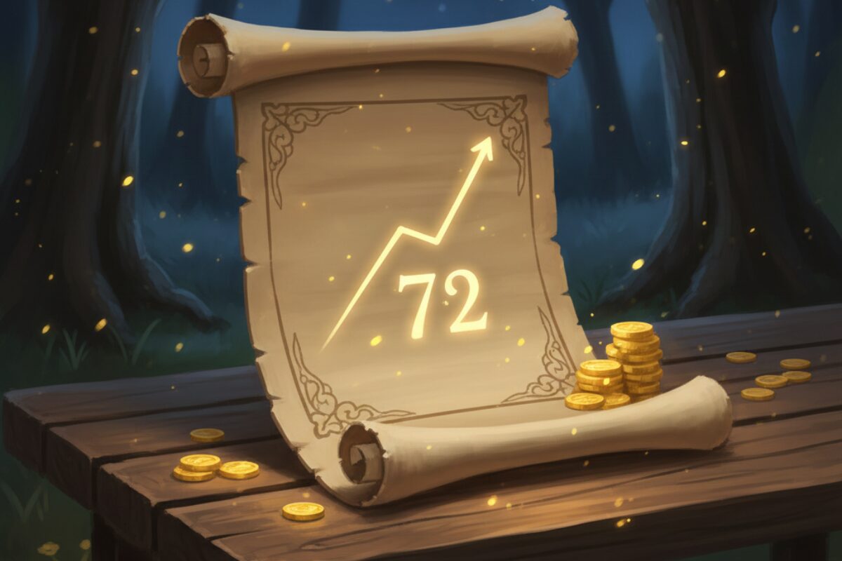 72の法則で資産が約10年で2倍になる様子を描いた巻物のイラスト