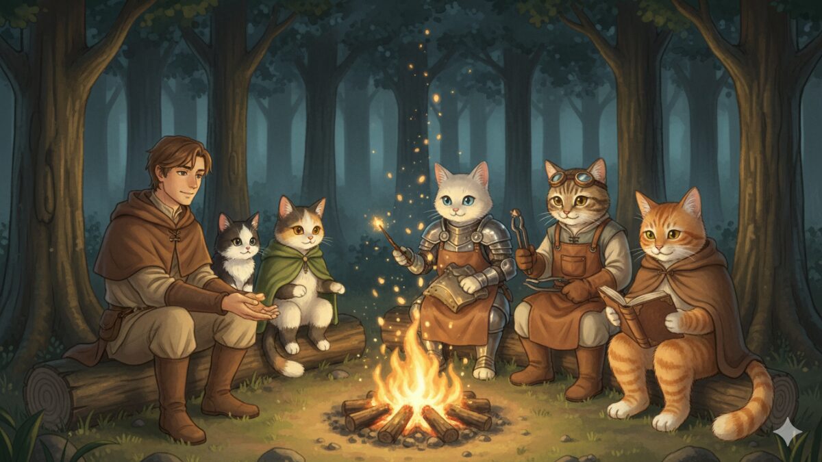 アサネコ王国の仲間が集まり、焚き火のそばで語り合う“キャンプ場”の様子。
