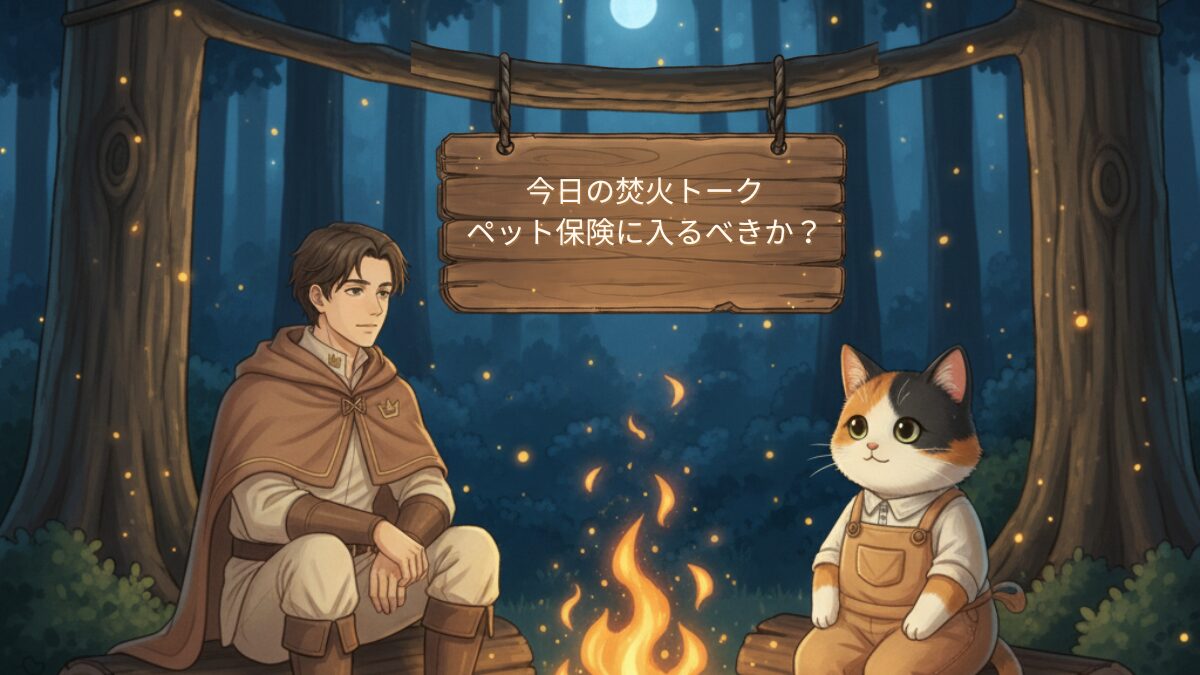 アサネコ王国のキャンプ場で焚き火の前に座るリクルドとミケ