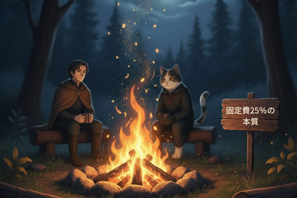 アサネコ王国の焚き火の前に佇むリクルド