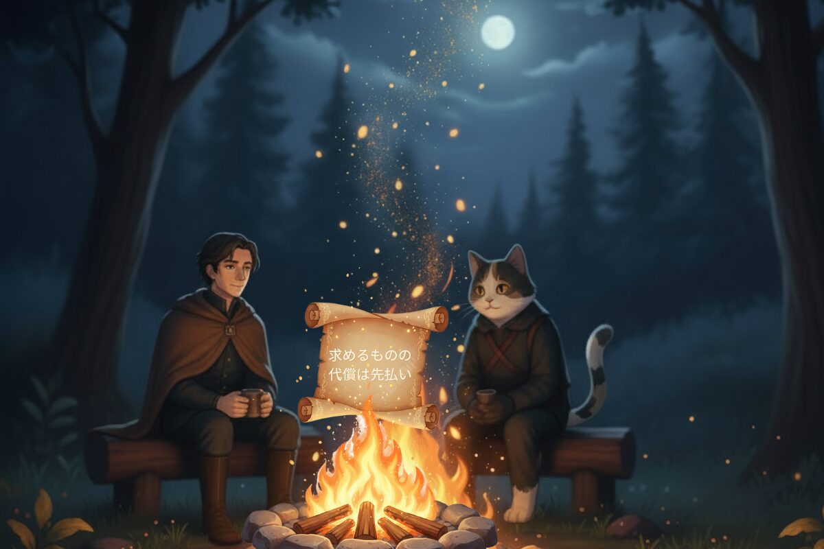 焚き火の前の巻物に貯蓄投資25％のメッセージが書かれたイラスト