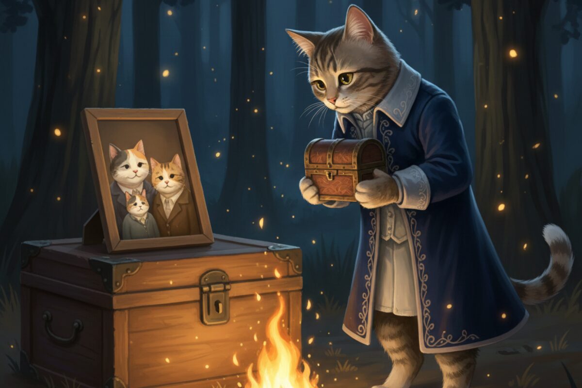 家族で将来の教育資金について語り合う、暖かな部屋と猫家族のイラスト