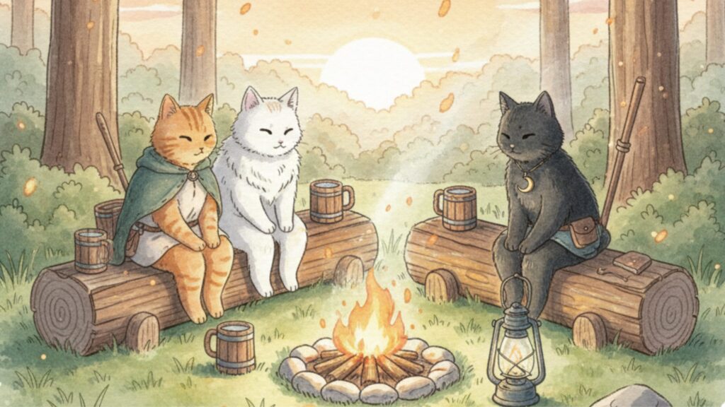 朝焼けの森で焚き火を囲む三匹の猫(チャットラー、白猫ミーナ、黒猫ガイド)