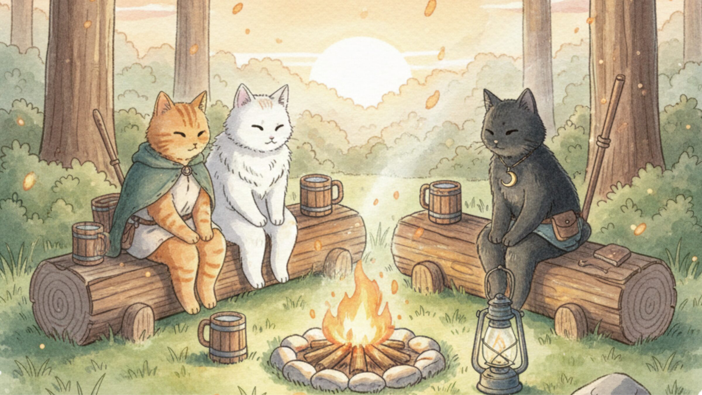 焚き火を囲む三匹の猫（リクルド・白猫ミーナ・ミケ）