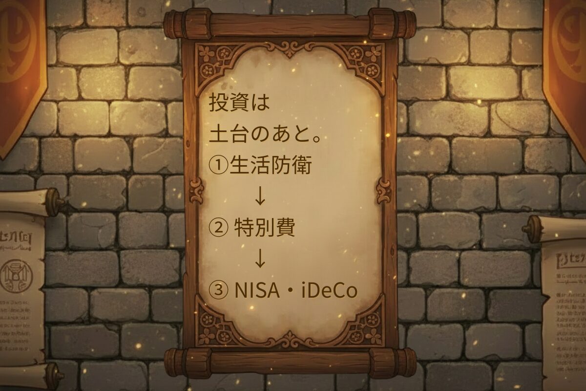 投資の優先順位を示した警告付き巻物イラスト（アサネコ王国）
