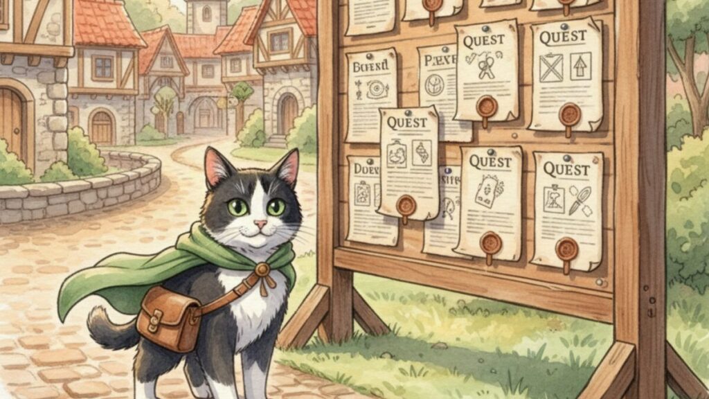 朝焼けのギルド前で掲示板を案内するハチワレ猫リク（旅の記録のヒーロー画像）