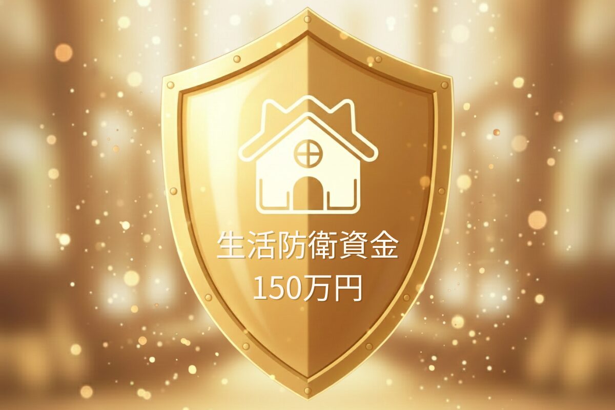 150万円の生活防衛資金を守る盾のイラスト（アサネコ王国）
