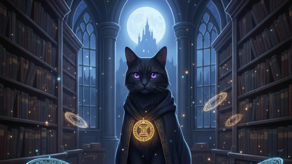 アサネコ王国の黒猫ノワル。月光の書庫で再生の魔法を司る姿。