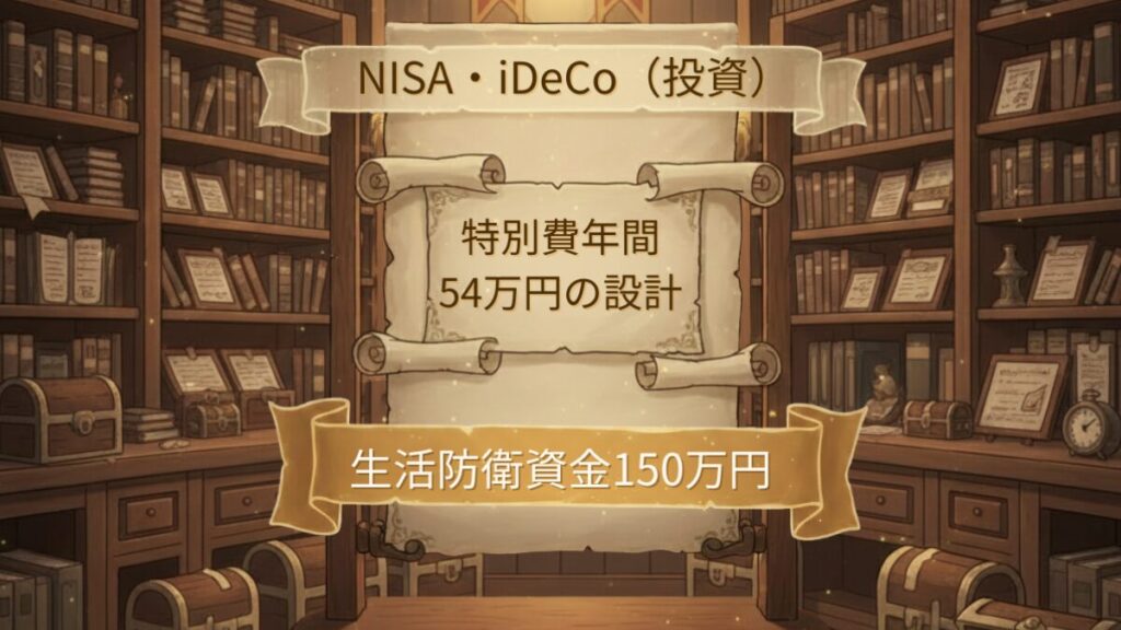 生活防衛資金・特別費・投資を三層構造で示したアサネコ王国の財務室イラスト。