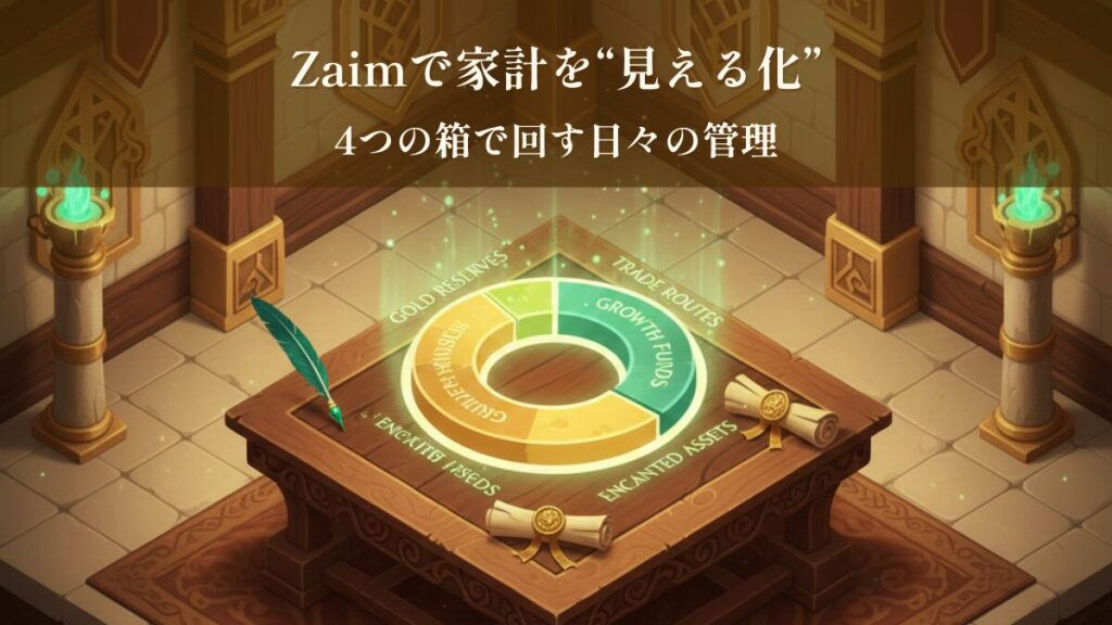 Zaimで家計を見える化し、4つの箱で固定費・変動費・自己投資・貯蓄投資を管理するイメージ（アサネコ王国）