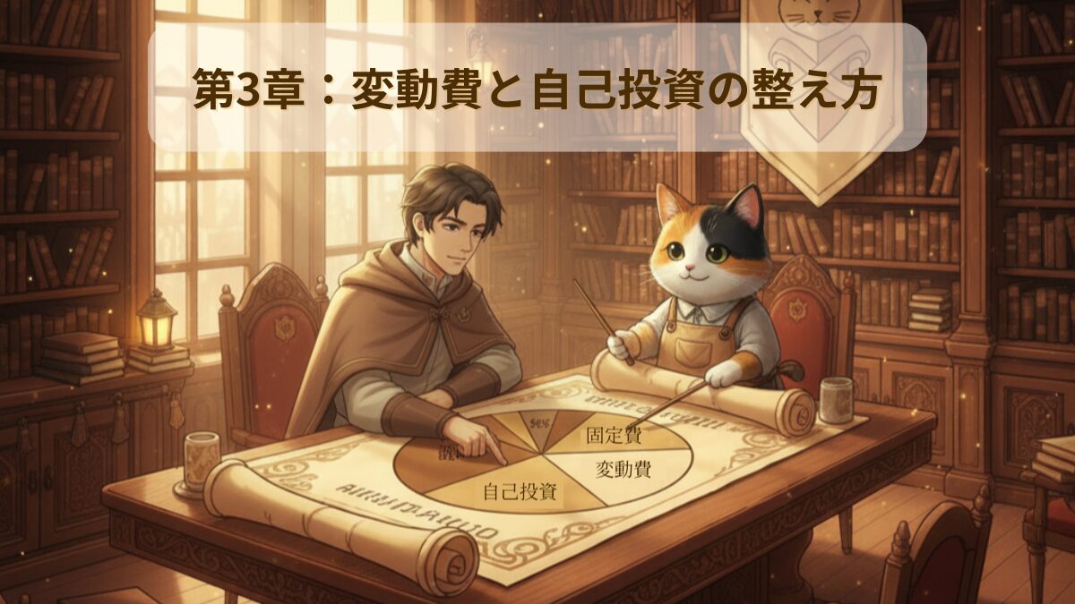 リクルドとミケがQGSの円グラフを示しながら家計の構造を解説しているシーン