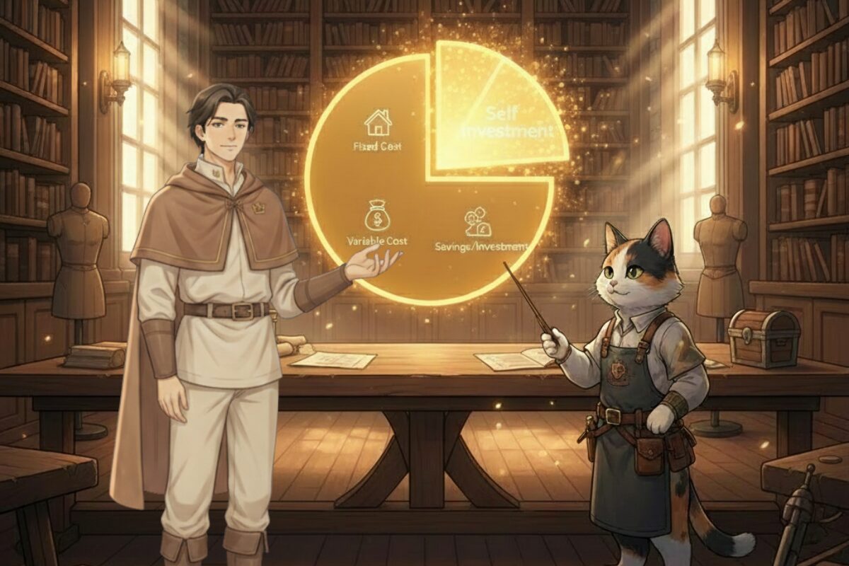 アサネコ王国|リクルドとミケが自己投資の円グラフを前に話し合うシーン