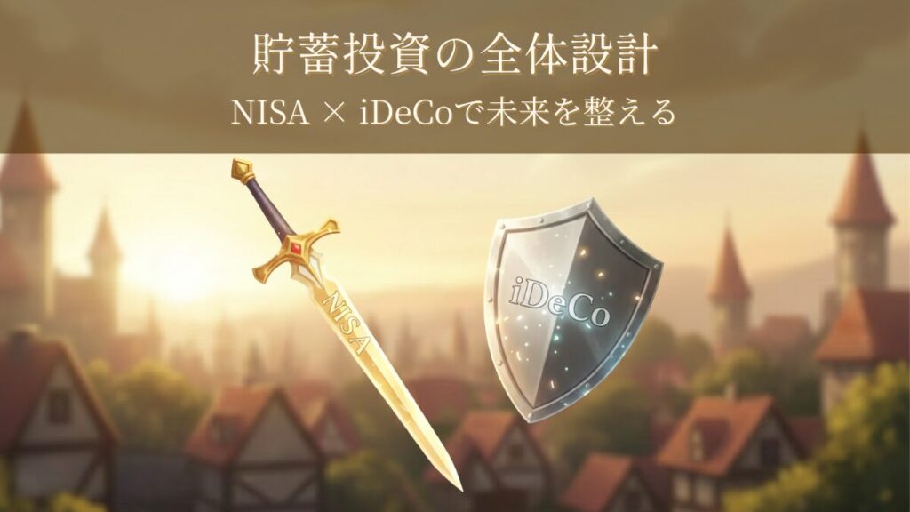 NISAの剣とiDeCoの盾が輝く貯蓄投資の全体設計を示すアイキャッチ画像