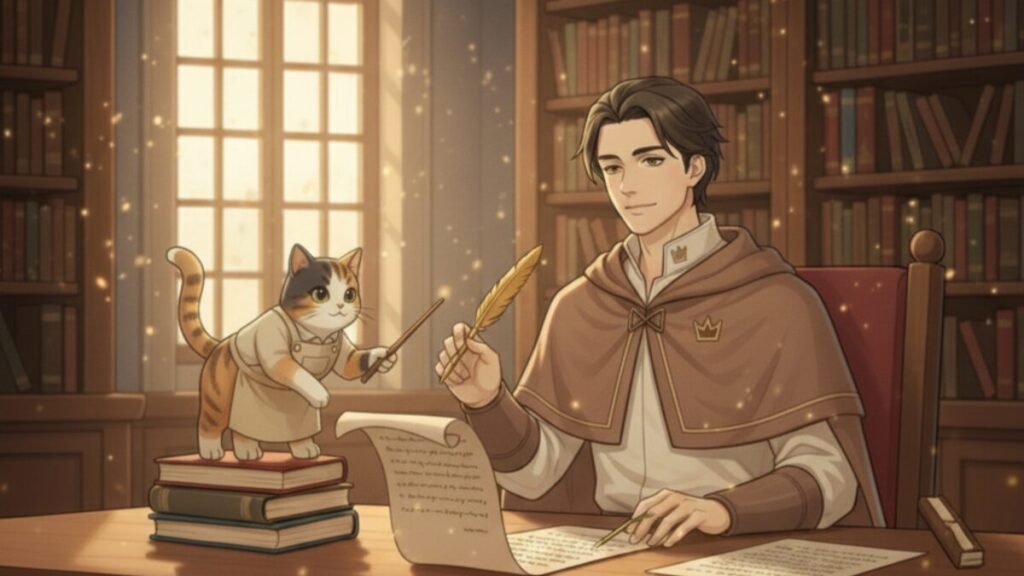 家賃25%ルールをミケが説明し、リクルドが巻物に書き込むシーン（アサネコ王国）