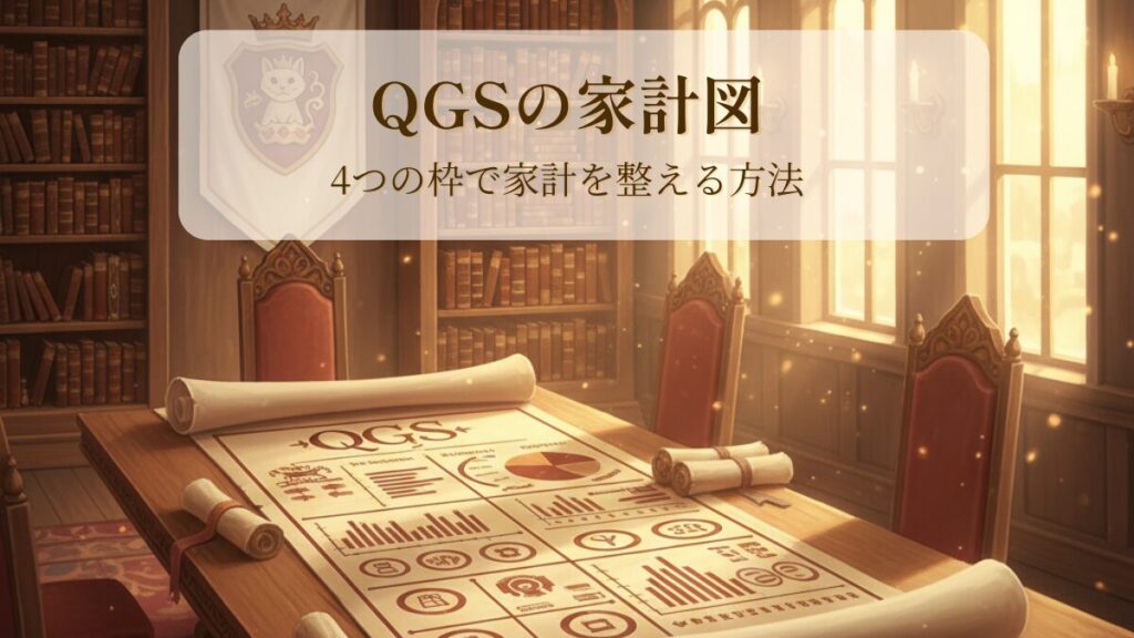 アサネコ王国の執務室でQGSの家計図を広げ、家計の4分割(固定費・変動費・自己投資・貯蓄投資)を解説するシーンのイラスト
