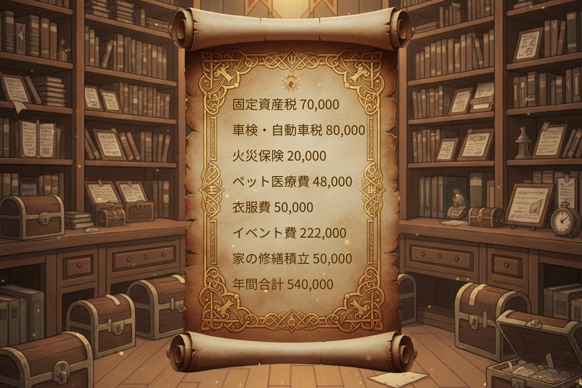 特別費の年間リストをまとめた巻物イラスト（アサネコ王国）