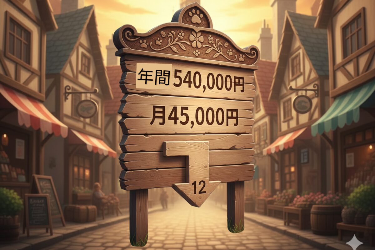 年間特別費を12ヶ月に割り振る木の看板イラスト（アサネコ王国）