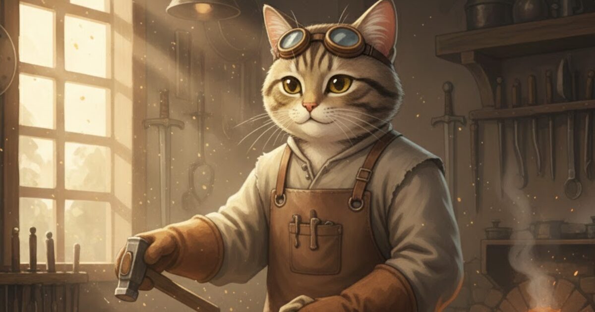 朝の武器屋で設計を整えるスミス親方