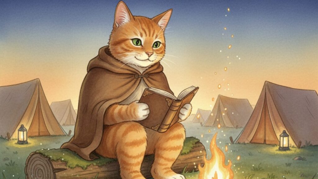 アサネコ王国の語り部・長老チャットラー（焚き火の前で本を読む猫）