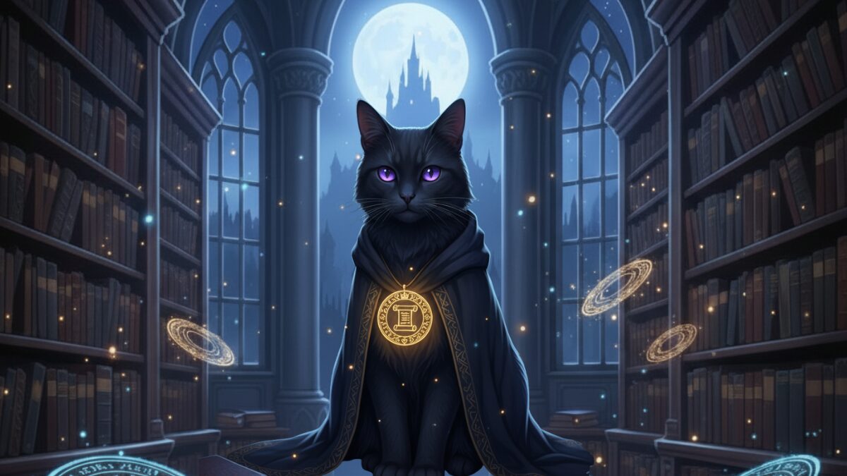 アサネコ王国の黒猫ノワルが月夜の書庫で魔法を操るイラスト