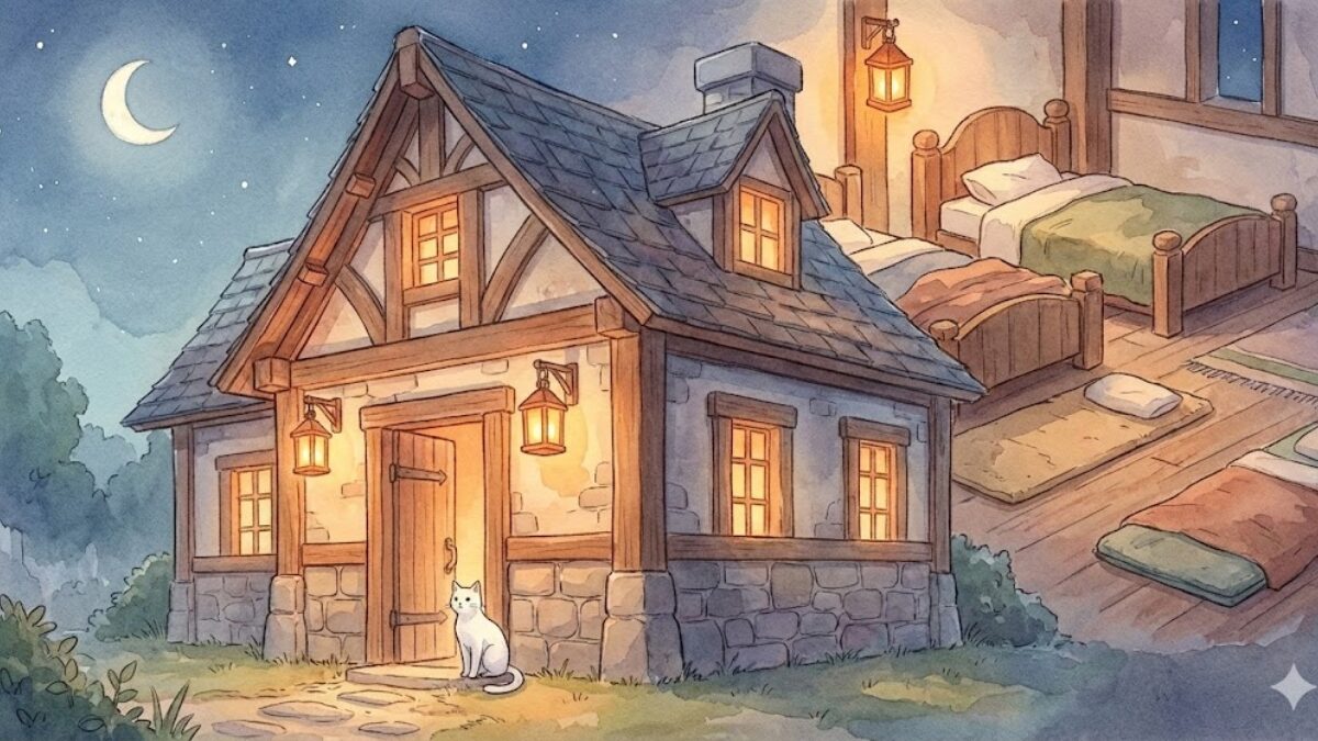 防具屋第2章「睡眠の前提設計」を象徴する、夜の防具屋と白猫ニーナのイラスト