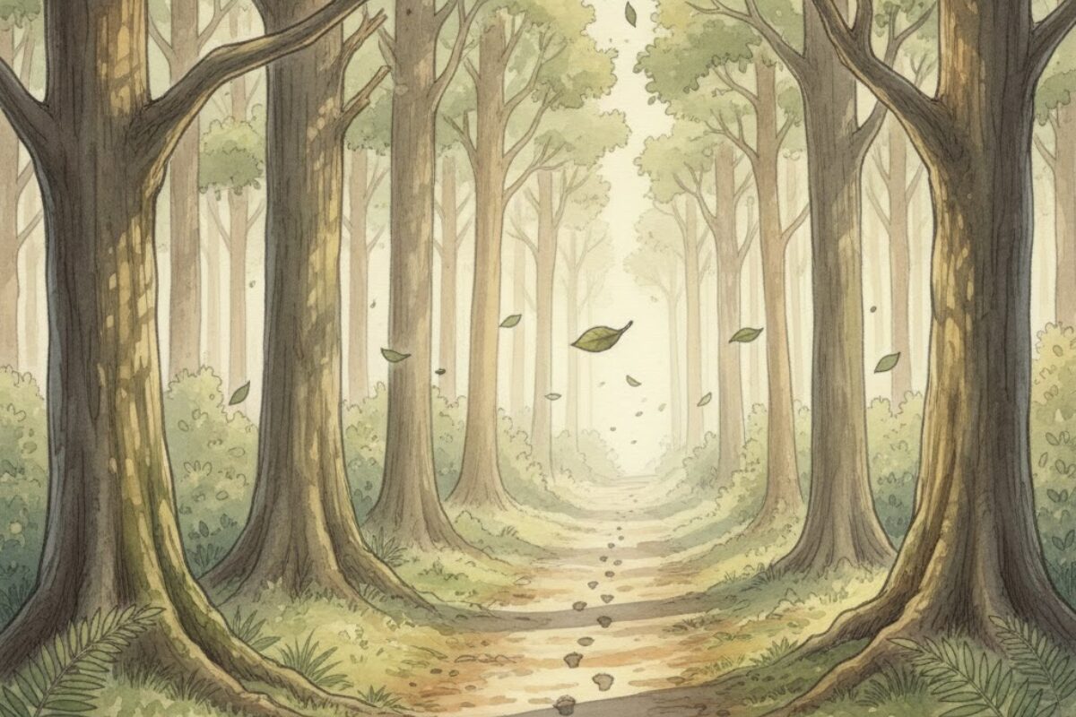 森の中を続く一本道と足跡が、長距離を走り続ける人生を象徴するイラスト