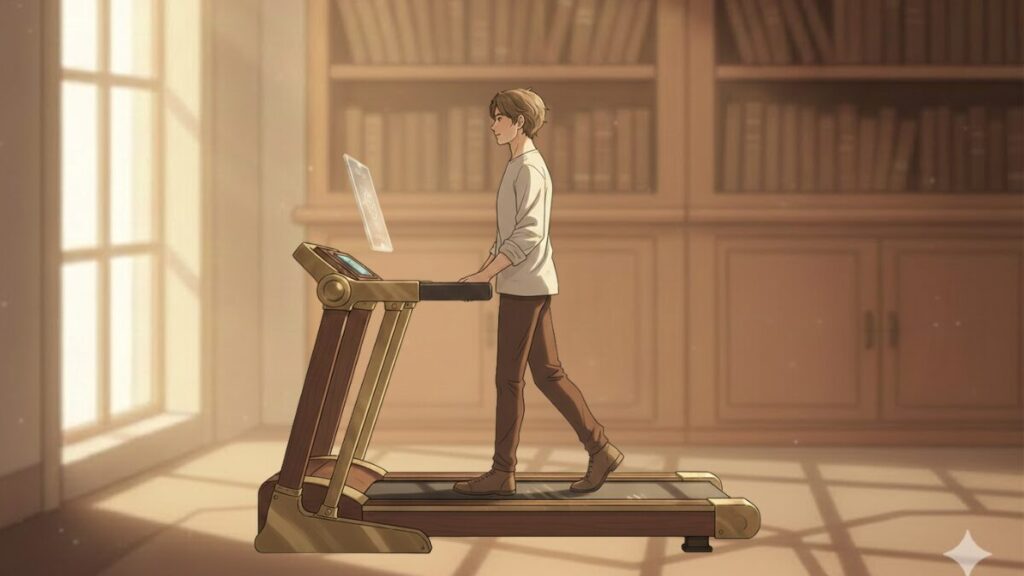 ランニングマシンで歩きながらタブレット学習をする朝活のイメージイラスト