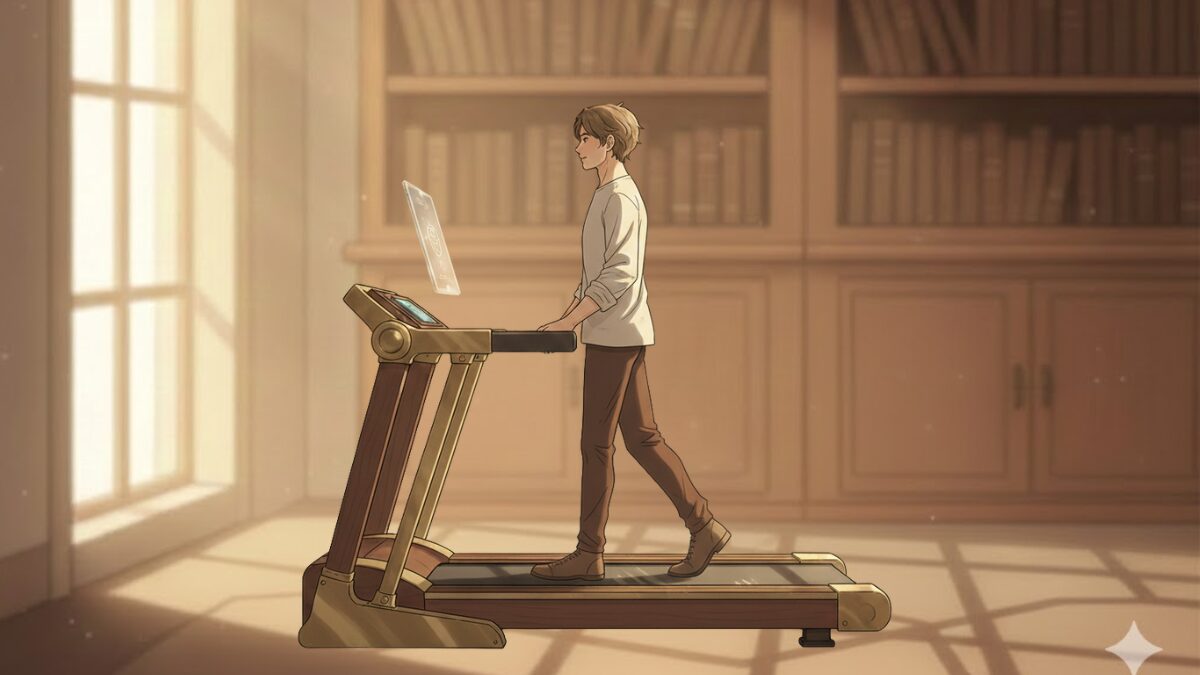 ランニングマシンで歩きながらタブレット学習をする朝活のイメージイラスト