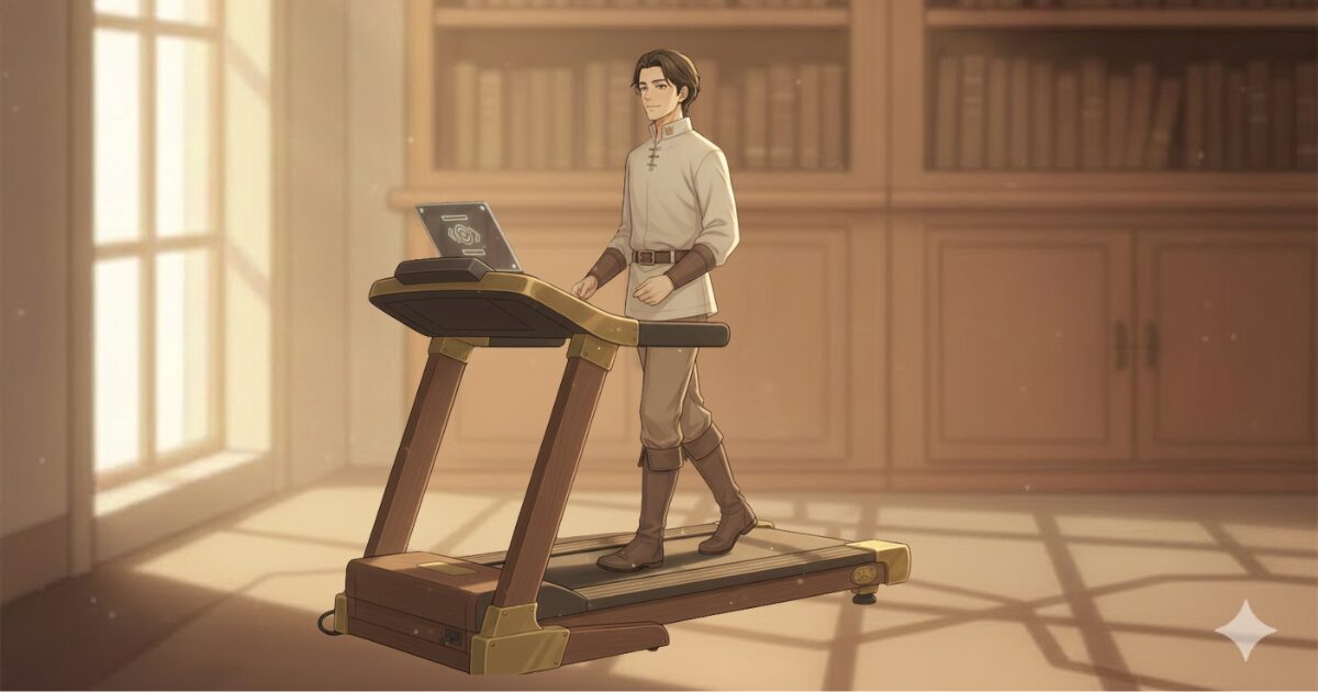 自宅の書庫でランニングマシンを使い歩きながら学習することで健康と時間効率を高める朝の習慣を描いたイラスト