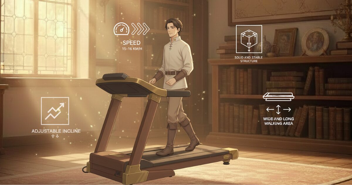 王国書庫の中でランニングマシンの選定ポイント（走行面の広さ、速度、傾斜、安定性）を示すイラスト