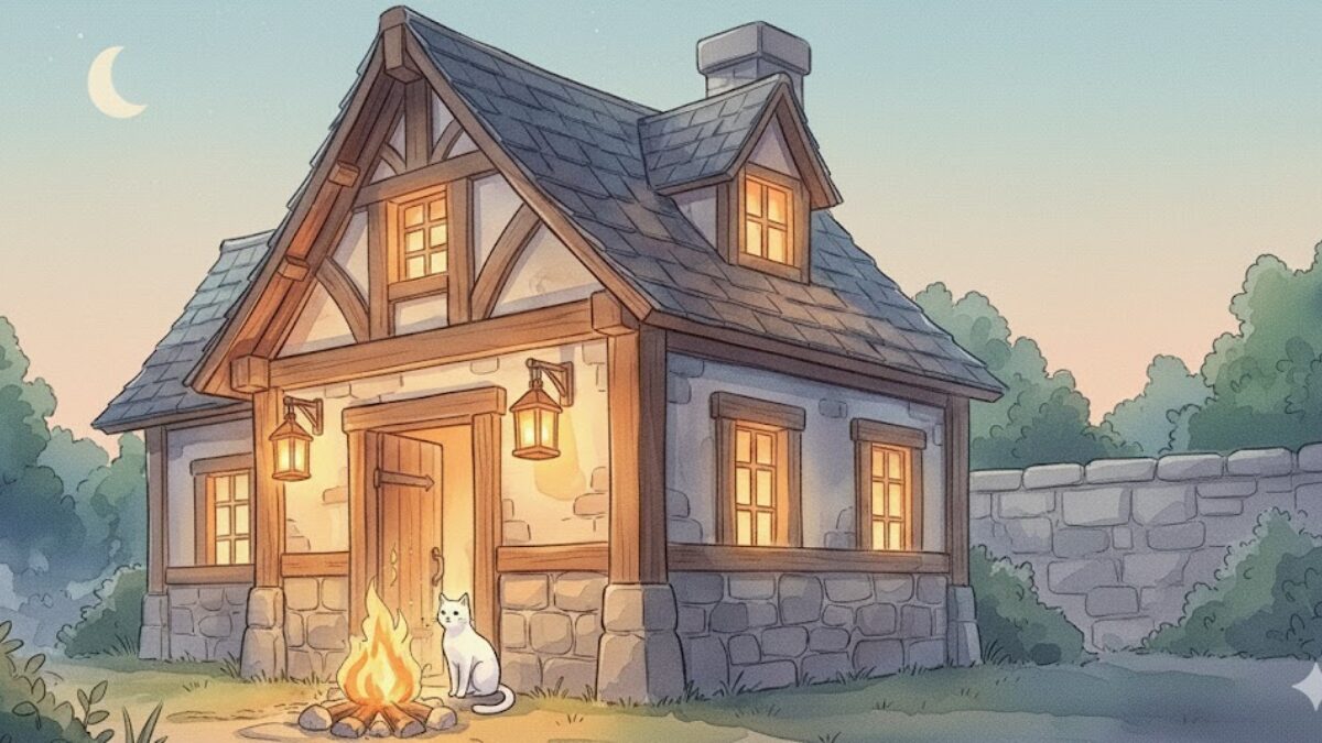 回復できなかった朝に焚き火のそばで立ち止まる白猫ミーナのイラスト