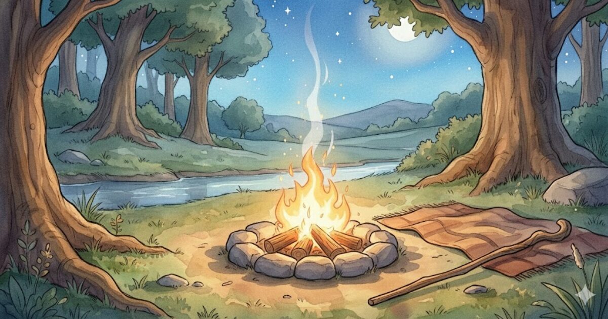 休むと決めた後の静かな朝の焚き火跡