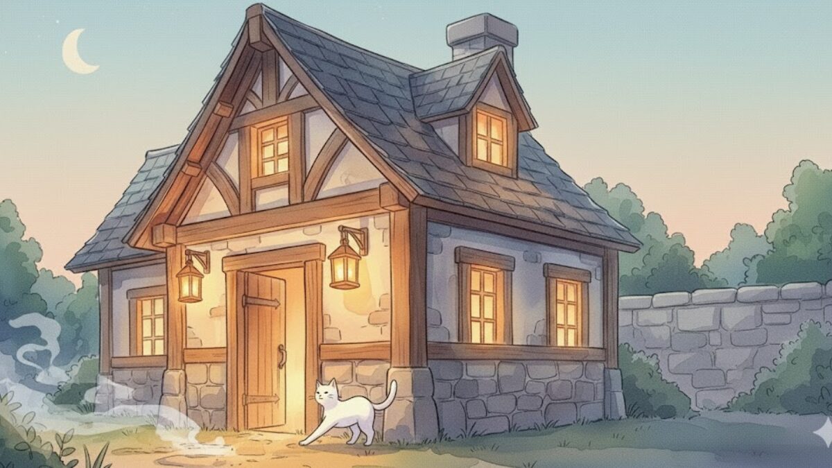 今日は休むと決めた朝に防具屋を後にする白猫ミーナのイラスト