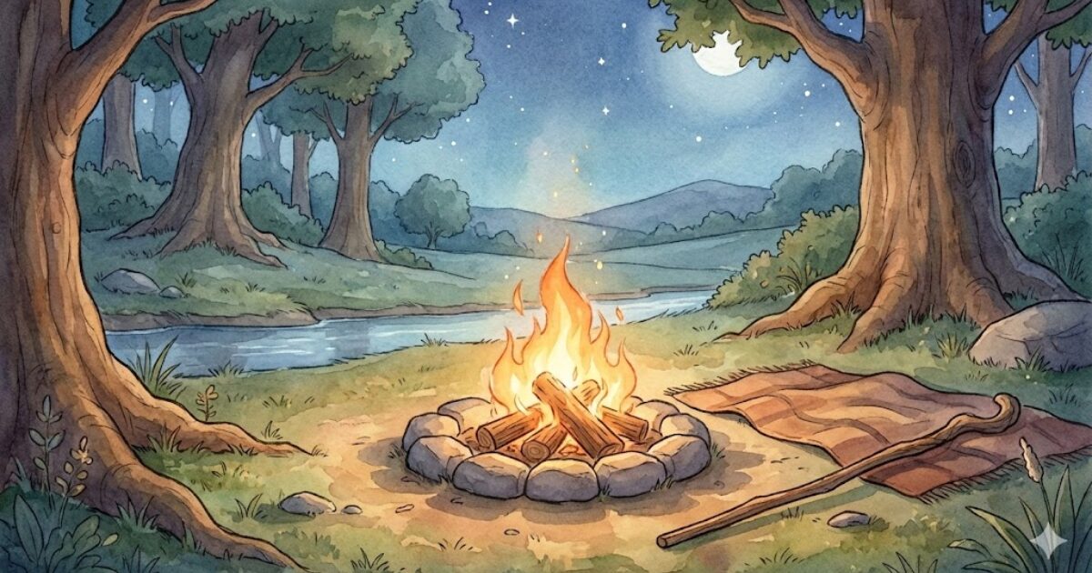 寝れなかった夜に静かに灯る焚き火のイメージ