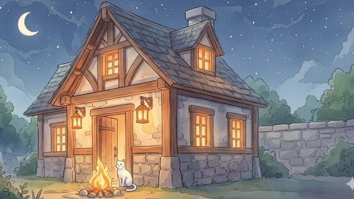 寝れなかった夜に、焚き火のそばで休む白猫ミーナのイラスト