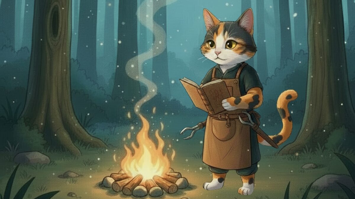 焚き火のそばで本を読みながら考え込む仕組み職人ミケ