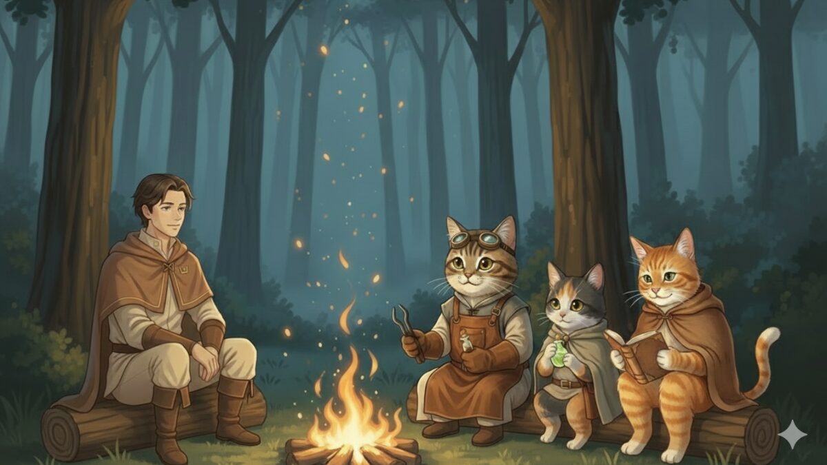 森の焚き火を囲んで語り合うリクルド、ミケ、ミーナ、長老チャットラーのイラスト